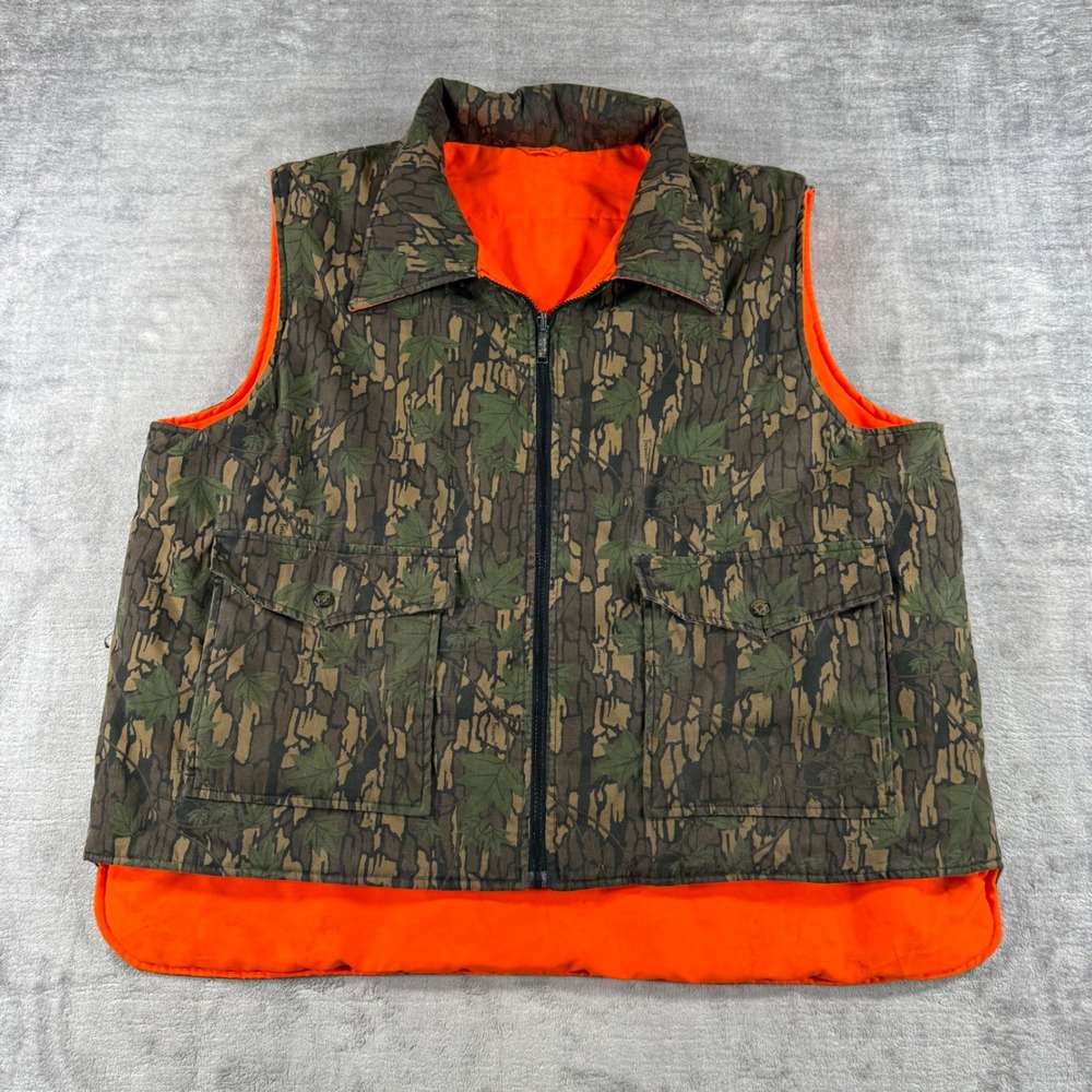 Winchester Vest Mens XL Green Orange Reversible Vintage Trebark Camo Full Zip